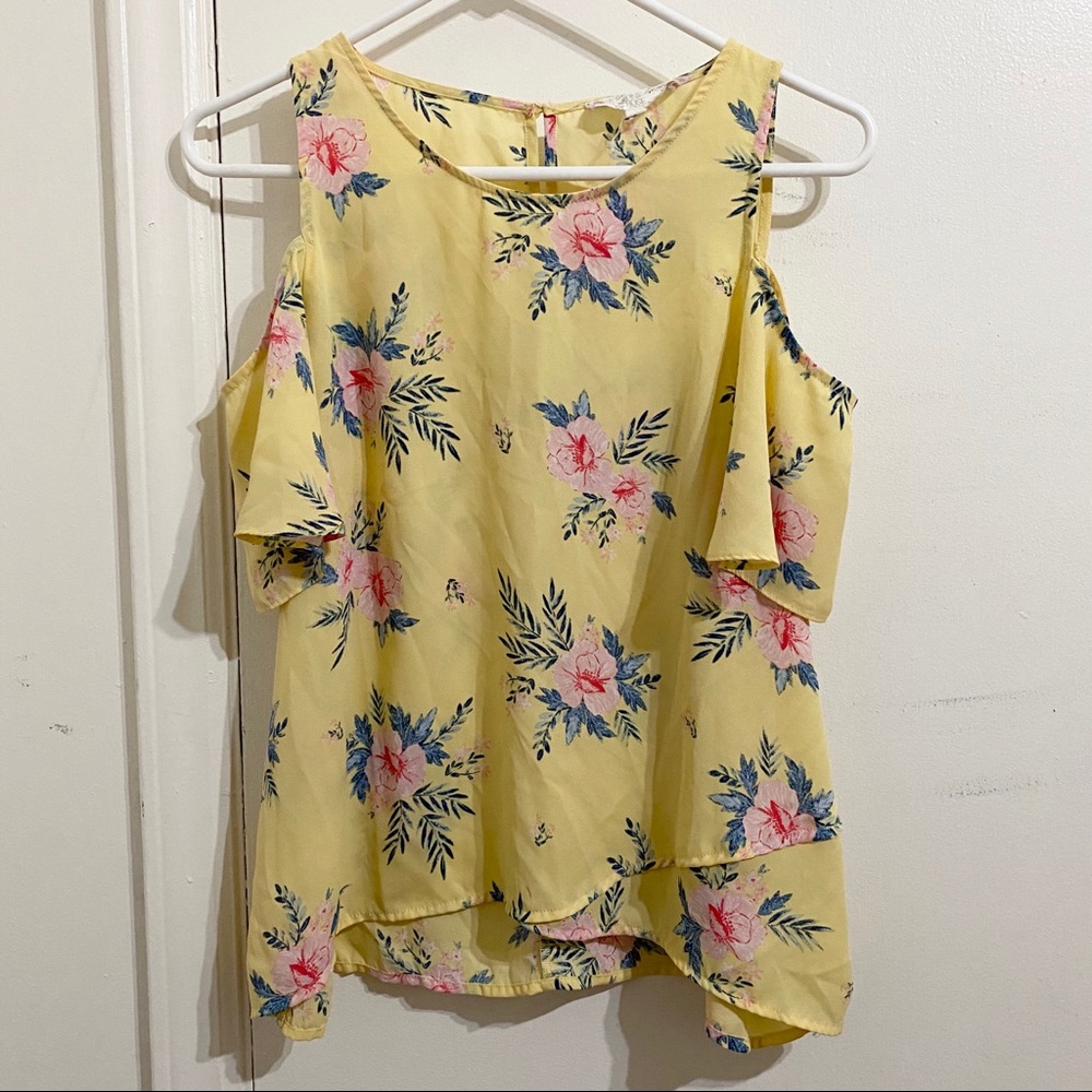 Yellow Floral Cold Shoulder Blouse Top